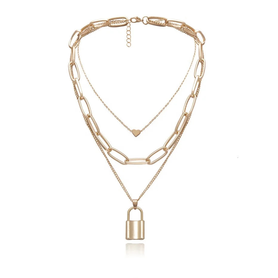 

New Arrival Love Collar Statement Clavicle Padlock Long Chain Multi-layer Lock Pendant Choker Necklace, Gold color