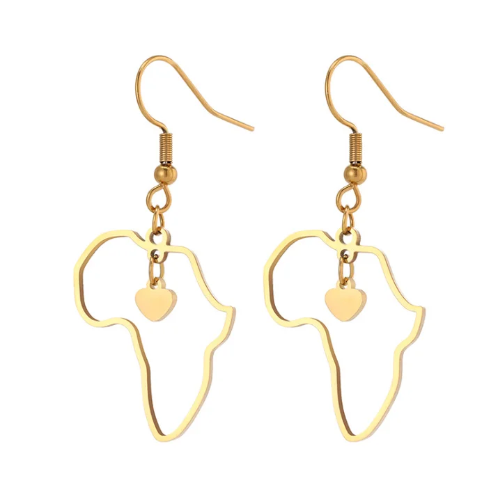 

European And American Fashion Africa Map Stainless Steel Gold Plated Jewelry Heart Earring Hollow Earring For Women Party