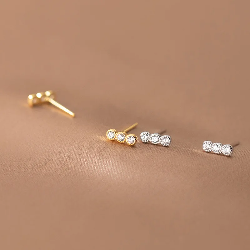 fashion 925 sterling silver small earrings stick shaped a row of diamond round zircon gold plated stud earrings women