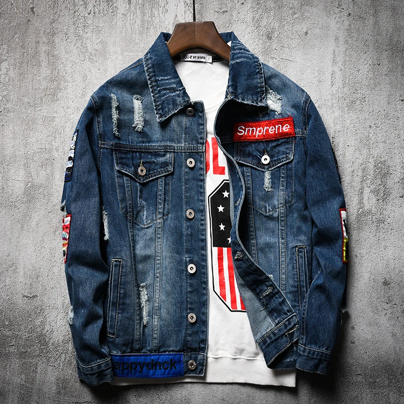 

2021 Winter New Men's Blue Denim Jacket Loose Large Embroidery Broken Casual Out Door Washed Quality Jeans Jacket Boy's Top