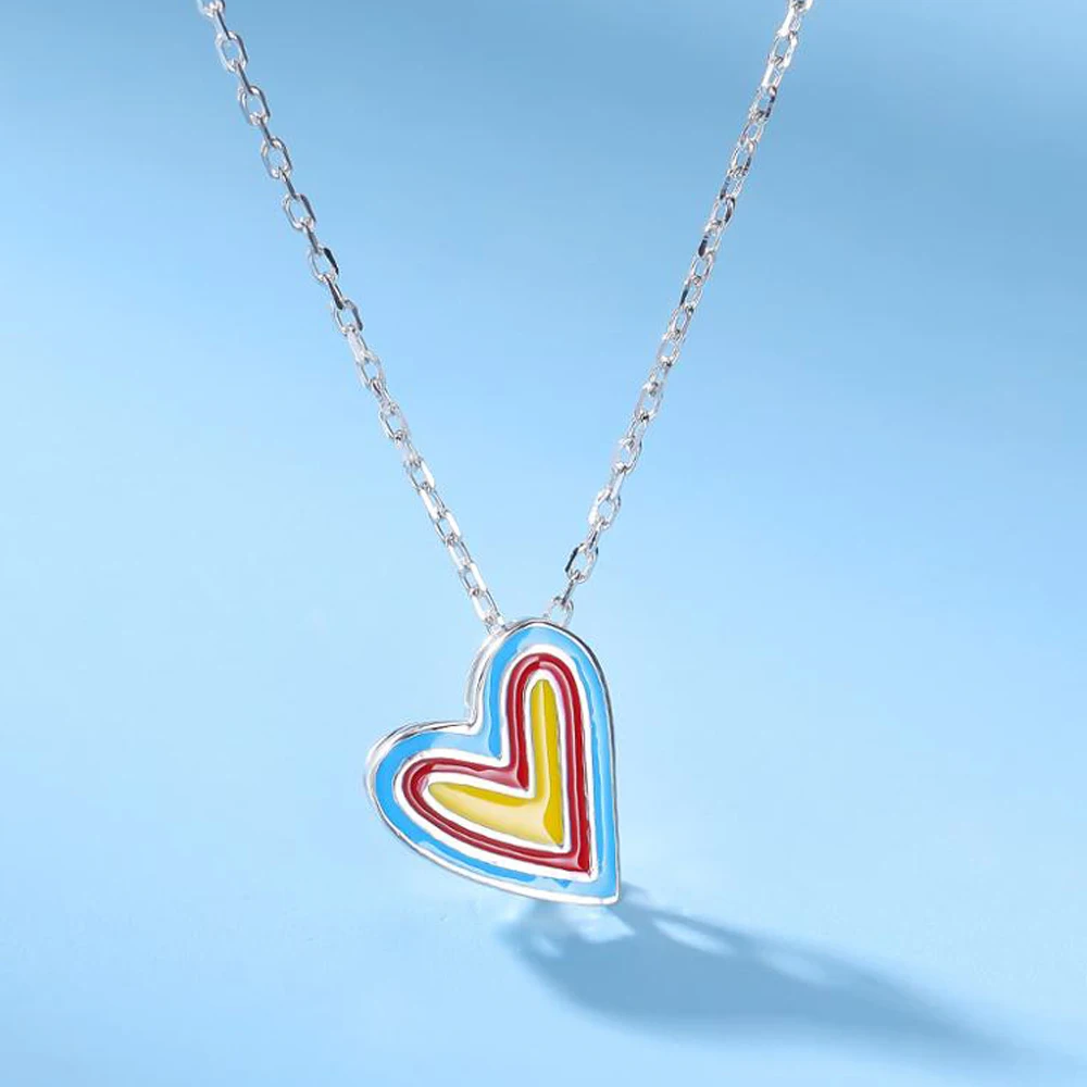 

925 Sterling Silver Jewelry Beaded Colorful Chain Link Love Heart Necklace Enamel Necklace For Women joyeria de plata