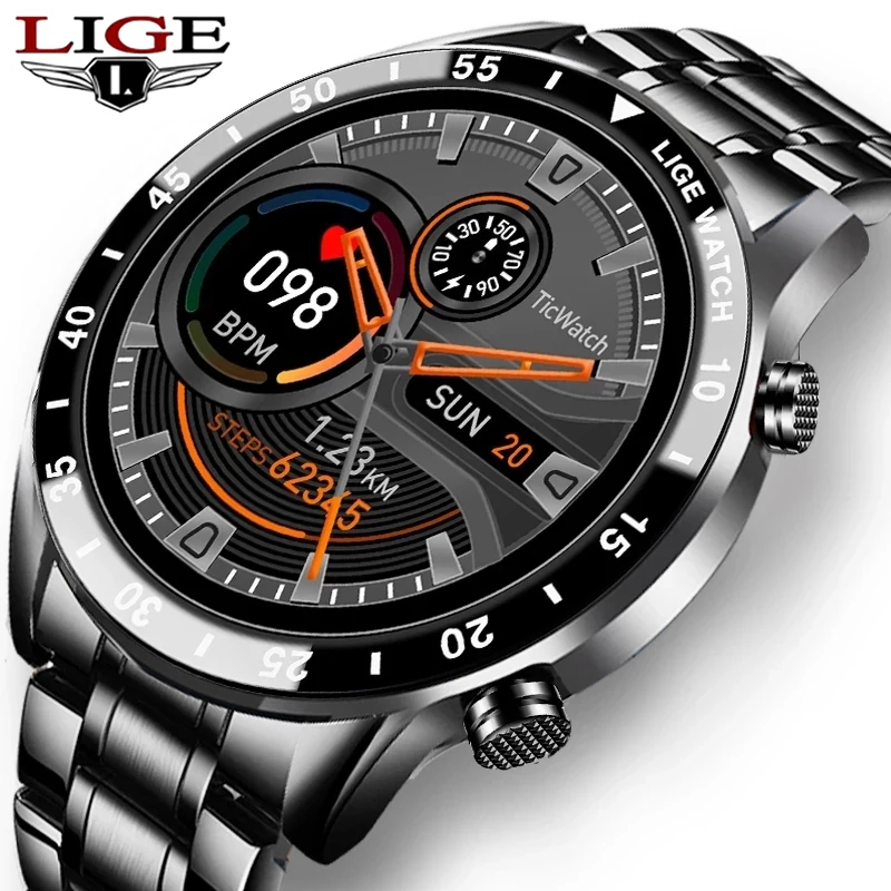 

LIGE Smart Watches Full Touch Screen Mens Sports Watches Men Stainless Steel Waterproof Fitness Tracker Watch