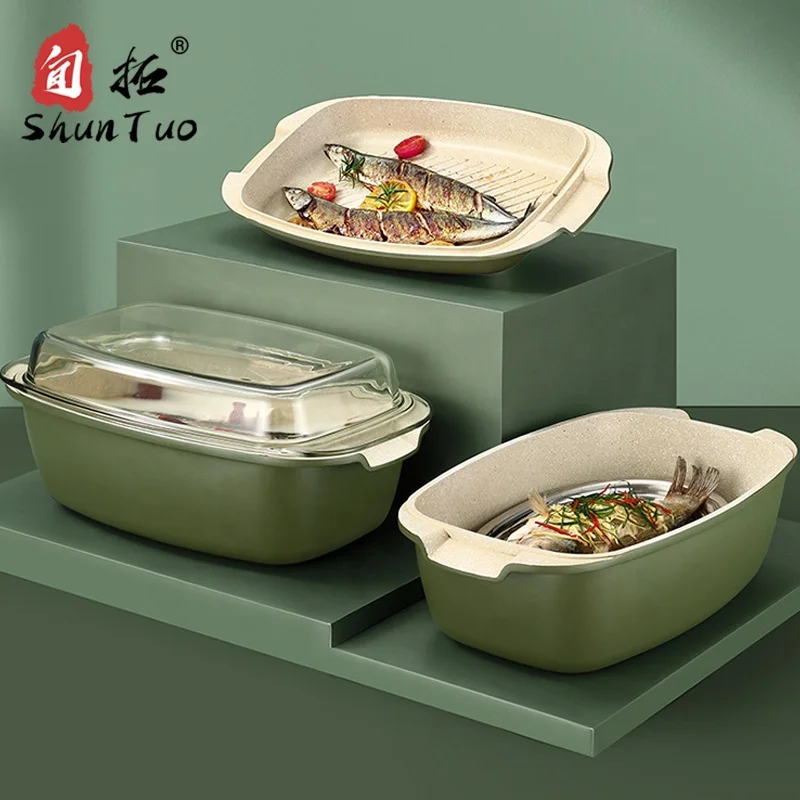 

Glass Lid hotpot medical stones non stick cookware set 3 tiers aluminum steamer pot cooker, Spruce green