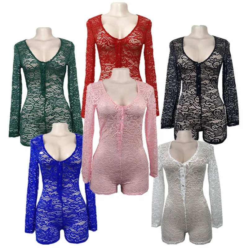 

Wholesale Custom Logo Sexy Transparent Sheer Mesh Lace Onesie Adult Lace One Piece Lingerie Women, Blue, red, green, pink, rose madder, black, white