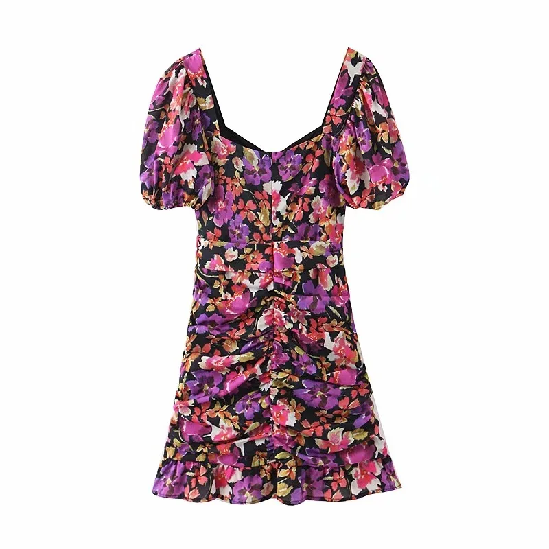 

2020 New arrivals Summer fashion floral print bubble sleeve women casual dresses with belt