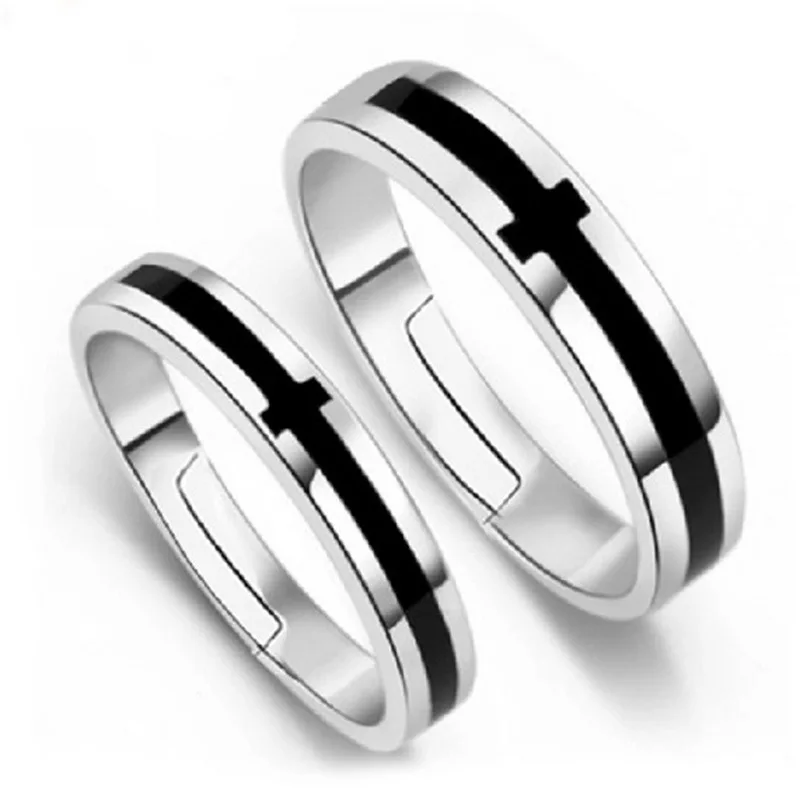 

Europe Hot Selling Black and White Cross Rings Free Size For men and women Cheap Silver Jewelry Wholesale Price Lovers Rings