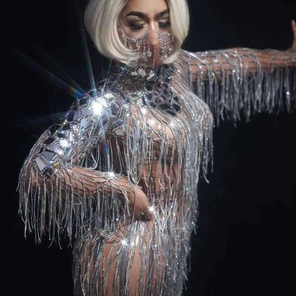 

2020 New Sparkly Silver Crystal Fringes Dance Costume Rhinestone Tassel Bodysuit Party Stage Wear Dance Show Sexy Leotard