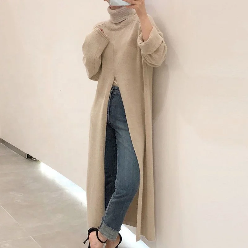 

Women's warm 3 colors turtleneck pullover knitted sweater for ladies casual comfortable and fashion long-sleeved slit sweater, 3 colors as shown