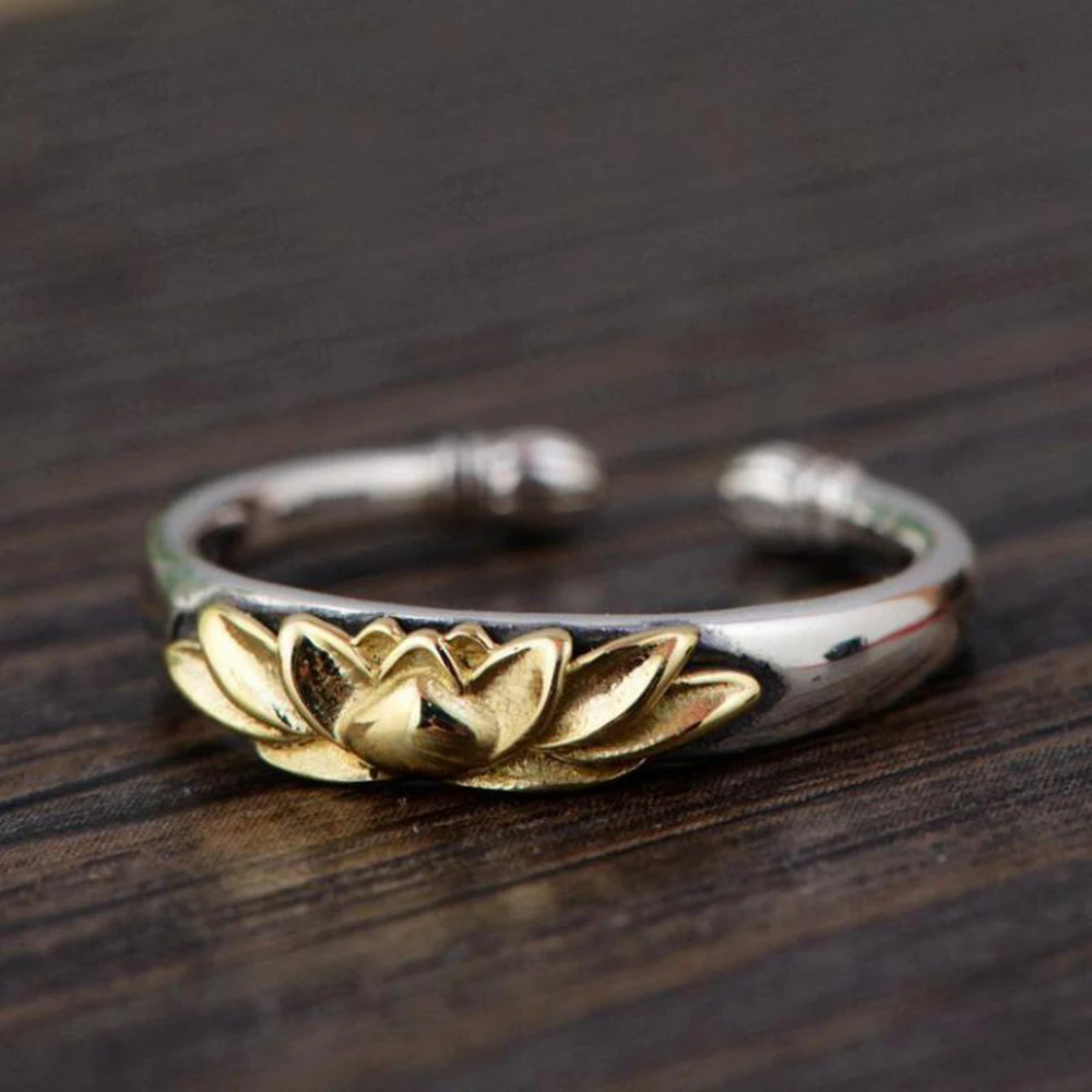 

Guaranteed 925 Sterling Silver Lotus Rings For Women Thai Silver Gold Color Resizable Vintage Rings Elegant Jewelry