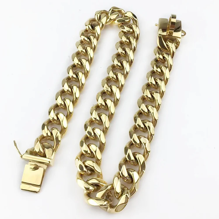 

Luxury Gold Chain 19MM Stainless Steel Choker Collar Cecklac Cuban Chain Bulldog Dog Collars, Gold/black/rose gold