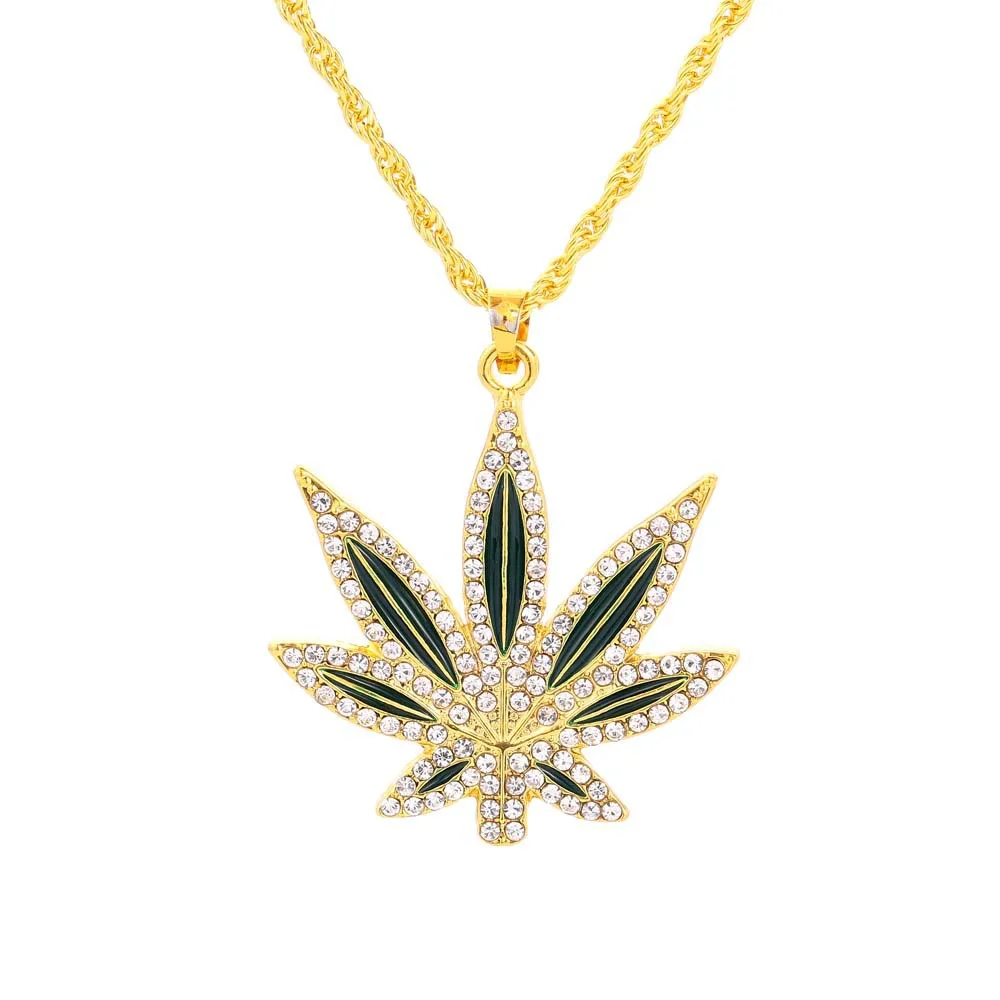 

New Hot Sale Diamond Hip Hop Hemp Leaf Necklace Men's HIPHOP Full Rhinestone Pendant Fashion Men's Accessories