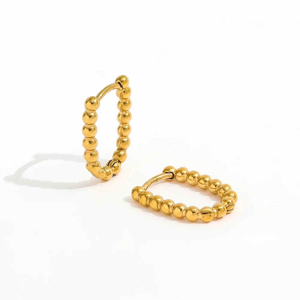 

New Trendy Earring Waterproof Tarnish Free 18K Gold Plated Dainty Bead Oval U Stainless Steel Hoop Earrings