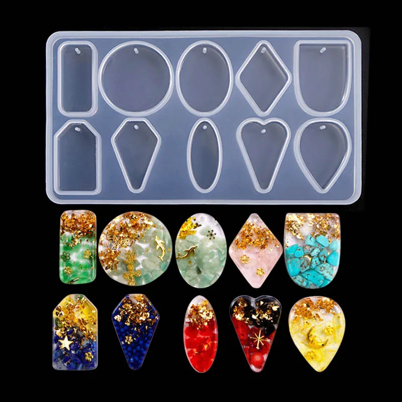 

Hot 10 cavity Mix Pendant Shaped Suit Jewelry Tool Jewelry Mold UV Epoxy Resin Silicone Molds for Making Jewelry