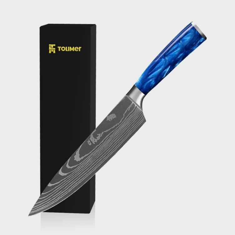 

Essential Kitchen Sharp Cutting 8-Inch Stainless Steel Chef Knife With Resin Blue Handle Laser Damascus Pattern Chef Knife