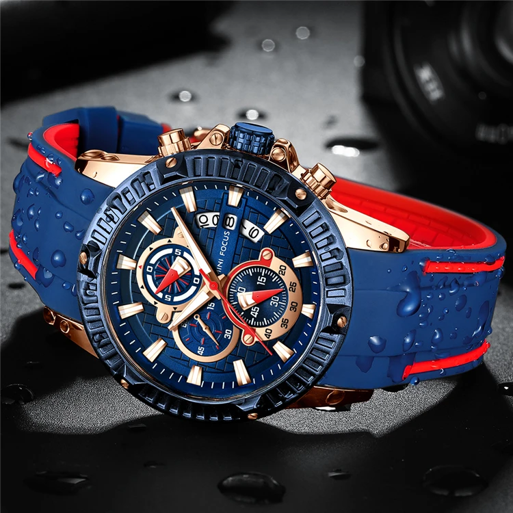 

MINI FOCUS 0244 G Fashion Sports Watch Men Blue Quartz Waterproof Watches Rubber Strap Small Calendar Dial Brand Luxury Watch