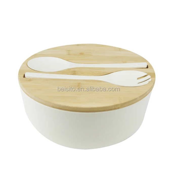 

Mikenda Eco Biodegradable Friendly Bamboo Fiber Bowl with salad server with bamboo lid, Customized color