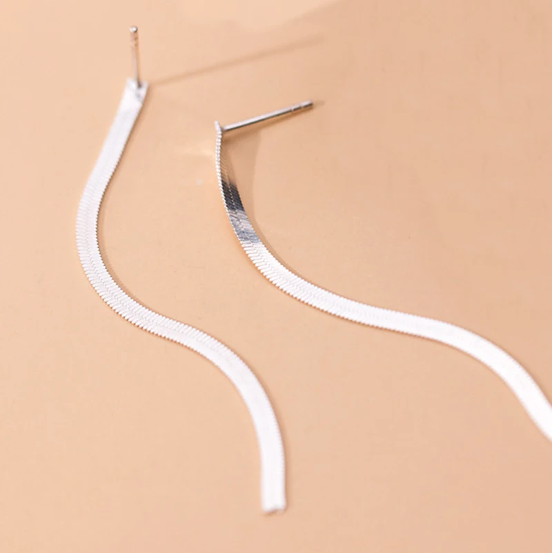 

Hot women 925 sterling silver minimalist herringbone long chain snake earrings
