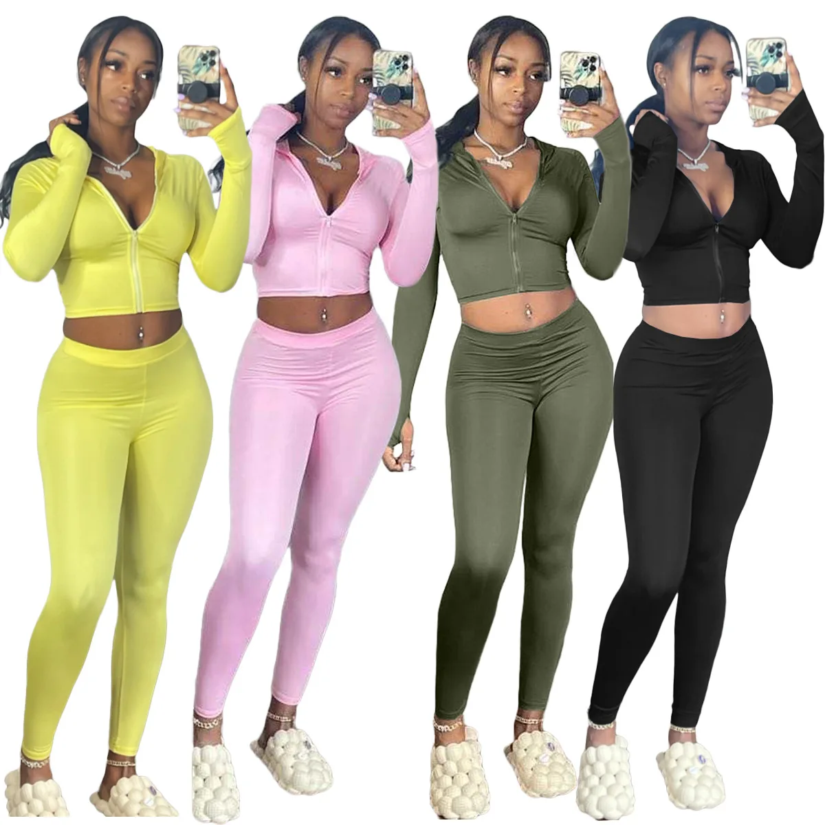 

2021 New Autumn Solid Zipper Crop Hoodie 2 Piece Legging Set Fall Women Clothes Sport Tight Jogger Outfit
