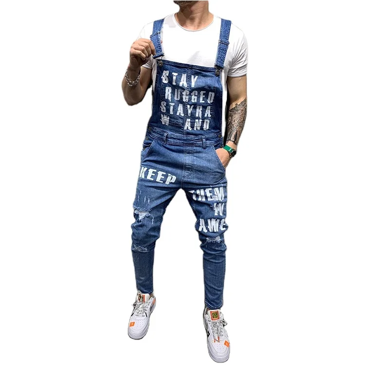 

Wholesale Custom Destroyed Tight Denim Short Jumpsuit Rompers Overalls For Men Jeans, Blue,black