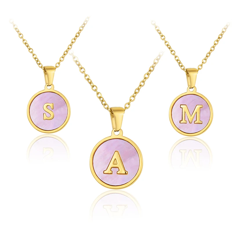 

One Piece Custom Logo Fashion Jewelry Stainless Steel Real Gold Plated Natural Pink Shell Letter Pendant Necklace, Gold color