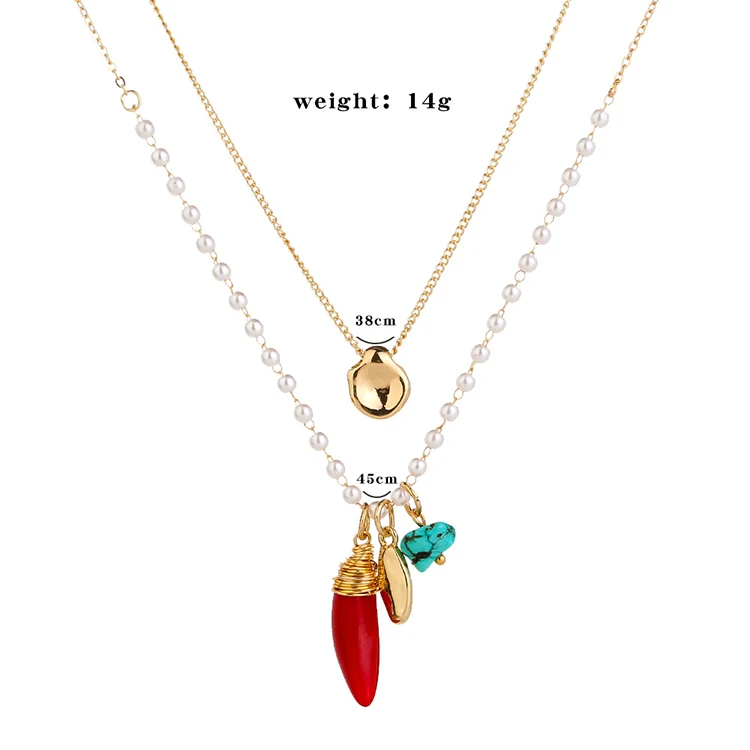 

Summer 2021 slim ladies Choker Necklace women Cute gold Double Layer Chain red coral turquoise Pendant necklace with pearl chain
