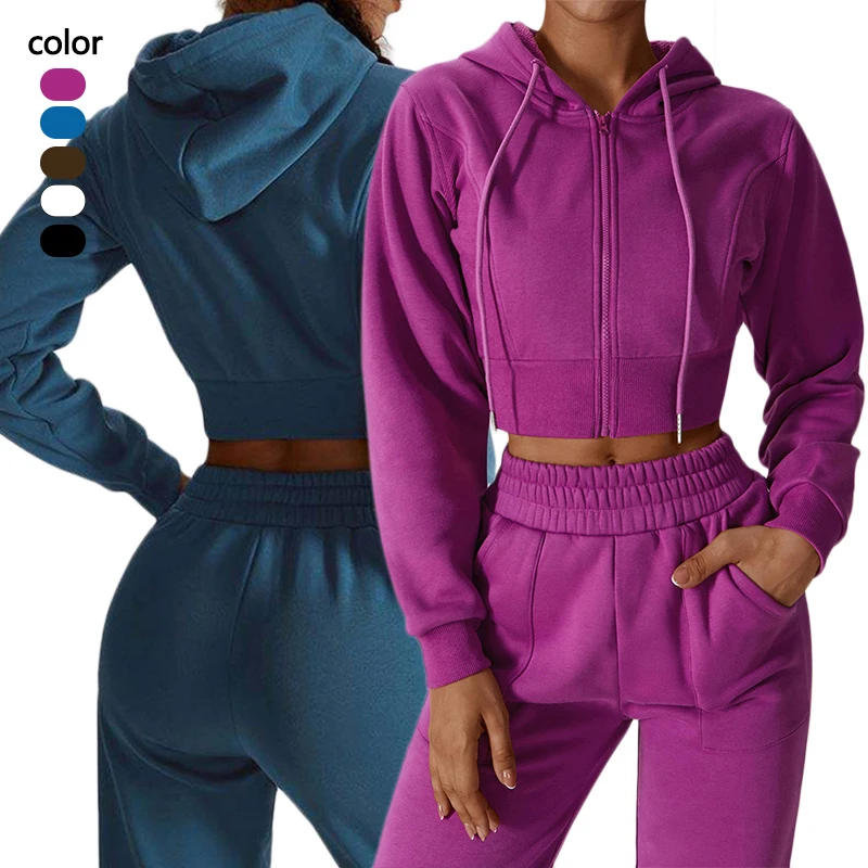

Wholesale Custom Logo Blank Cropped Crop Top Long Sleeve Hoodie Gym Yoga Crop Tops Clothing Woman Full Zip Hoodies