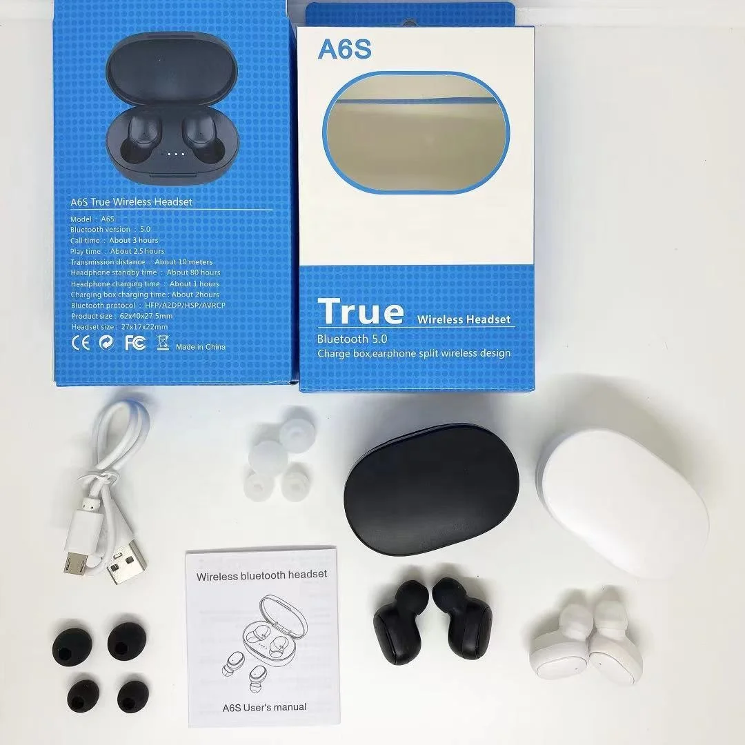 

2021 New Arrival A6S Mi pods earbuds True wireless headsets V5.0 stereo earphones Sports mini size for XiaoMi Airdots, Black / white