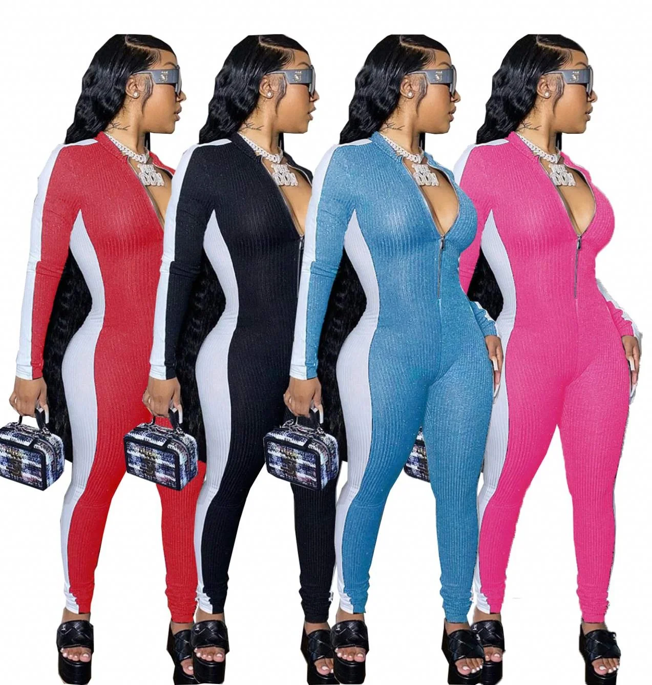 

Wsm5193 Fall Ladies Fashion Jumpsuits Women Sexy Solid Color Legging Splice Long Sleeve Tight Slim Jumpsuit