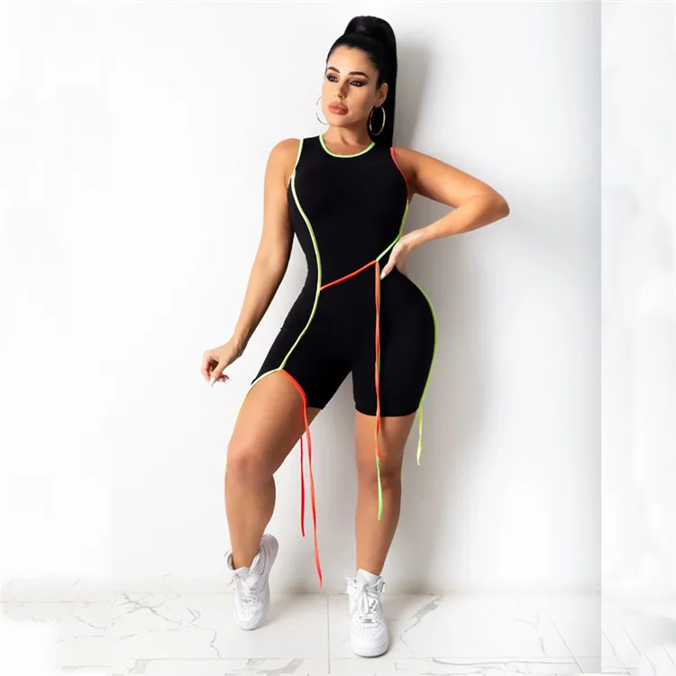 

Factory direct sale irregular splice sexy sleeveless short sports slim jumpsuits 2021