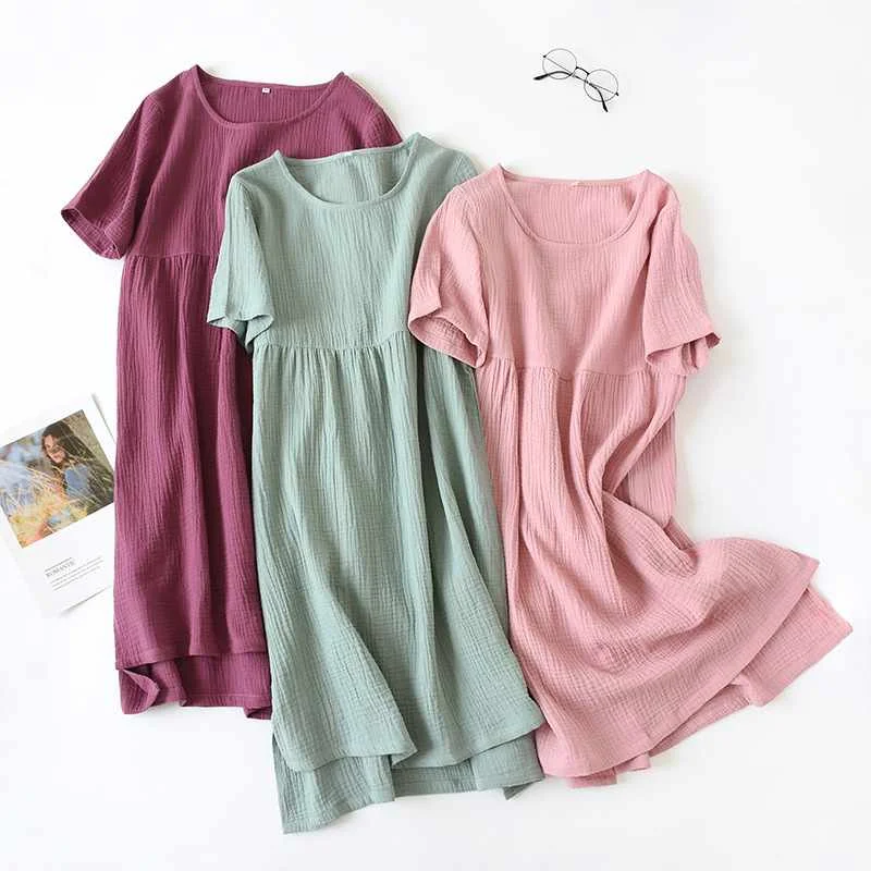 

Summer new women's comfortable solid color cotton gauze long skirt home service women's round neck nightdress thin section soft