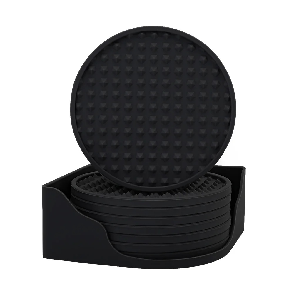 

Table Coaster Set of 8 with Holder Silicone Bar Drink Coasters Cool Black Modern House and Home Decor Round Glass Cup Holders