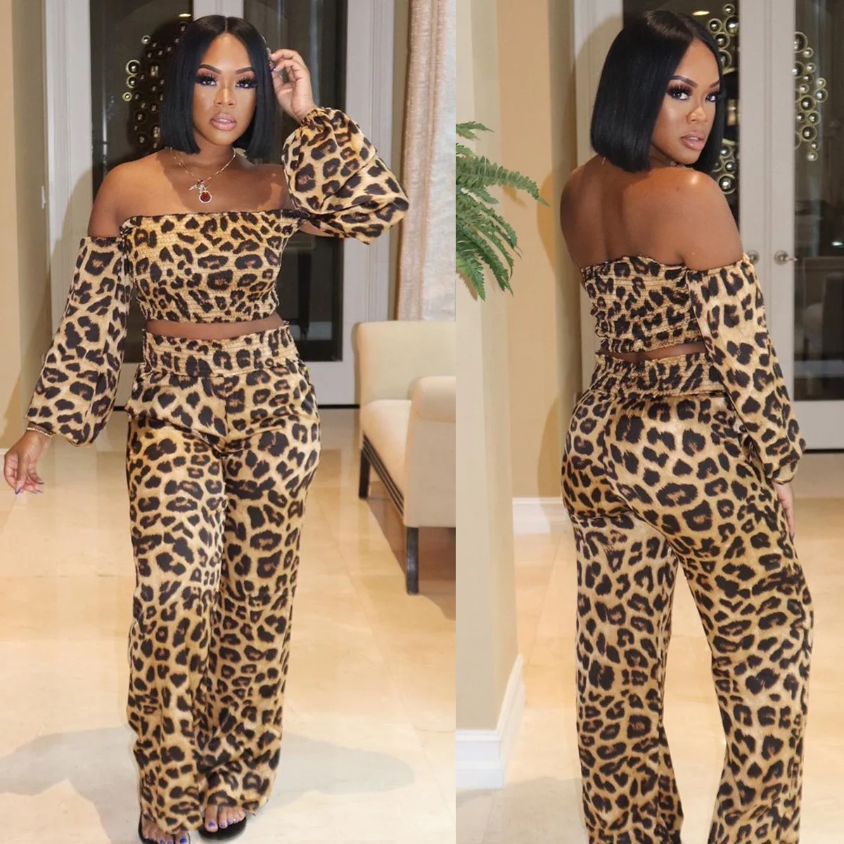 

CL-035 Fashion Plus Size Long Sleeve Tops Leopard Printing 2021 Two Piece Set Women Clothing, As picture show