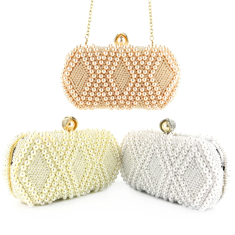 

Beading Pearl Diamond Evening Bag Lattice Fashion Lady Pearl Clutch Evening Bag For Women Party, White. beige, pink