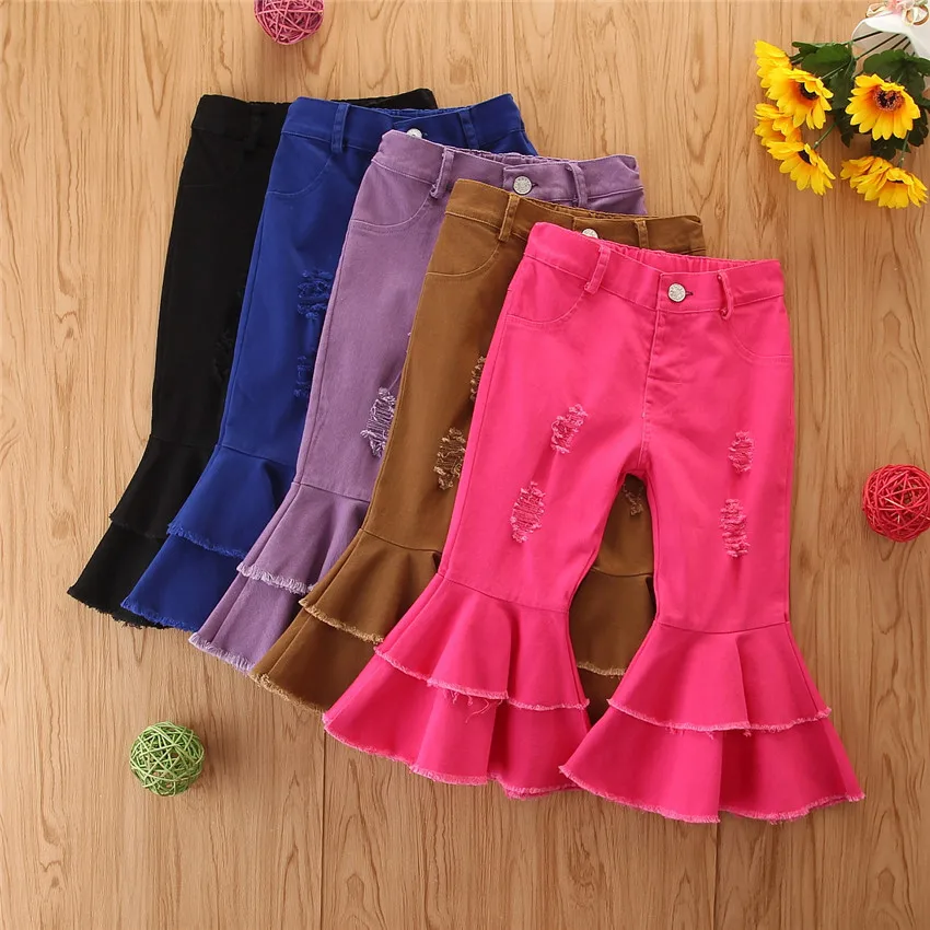 

2020 New Children Girls Flare Pants Toddler Kids Baby Solid Color Holes Ripped Denim Bell-bottom Trousers