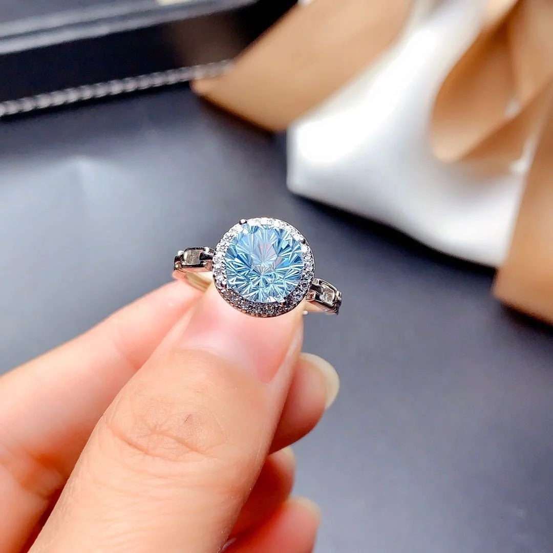 

Exquisite Ring Round Dazzling Blue Cubic Zircon Fashion Romantic Wedding Eternity Promise Jewelry Women's Valentine's Day Gift, Picture shows