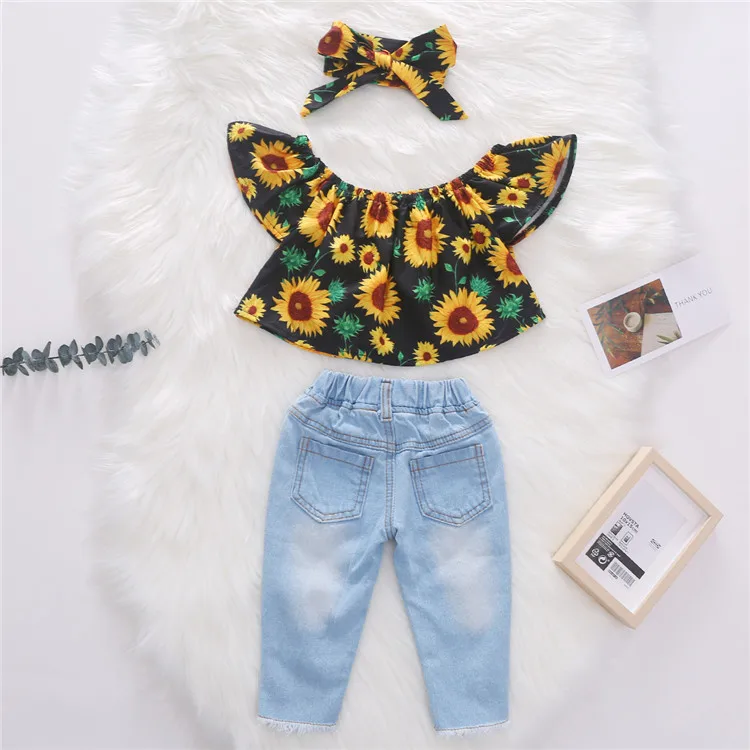 

Toddler Clothing Sets Girl Off Shoulder Printed Flower+Ripped Jeans+Heandband 3 Piece Kids Outfit Baby Girl Clothes Summer, White/yellow