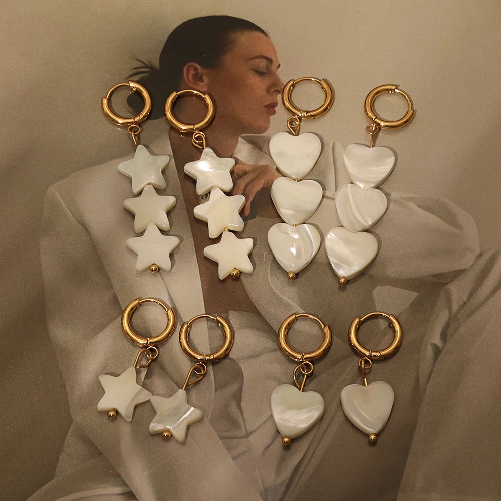 

Earings Jewelry Women Mother Of Pearl Star Heart Shell Dangle Earrings 18K Gold Plated Stainless Steel Hoop Earrings