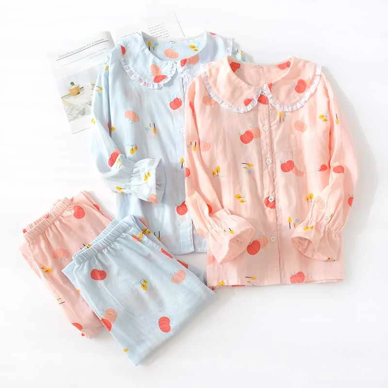 

New spring and autumn ladies cotton breathable sleepwear sleep pants suit cute doll collar summer home clothes comfortable loose, Required