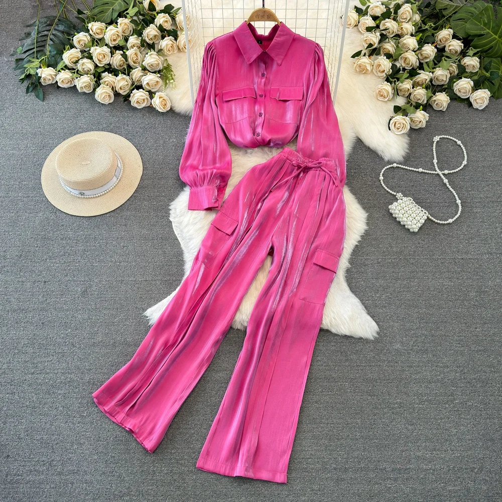 

Fashion Suit Women'S Long Sleeve Lapel Single-Breasted Loose Bright Shirt Casual Straight Wide-Leg Pants