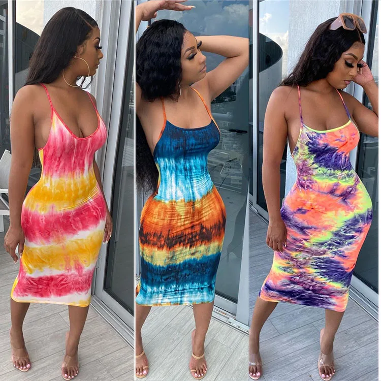

summer 2021 women clothing backless slip dress tie dye midi dresses casual