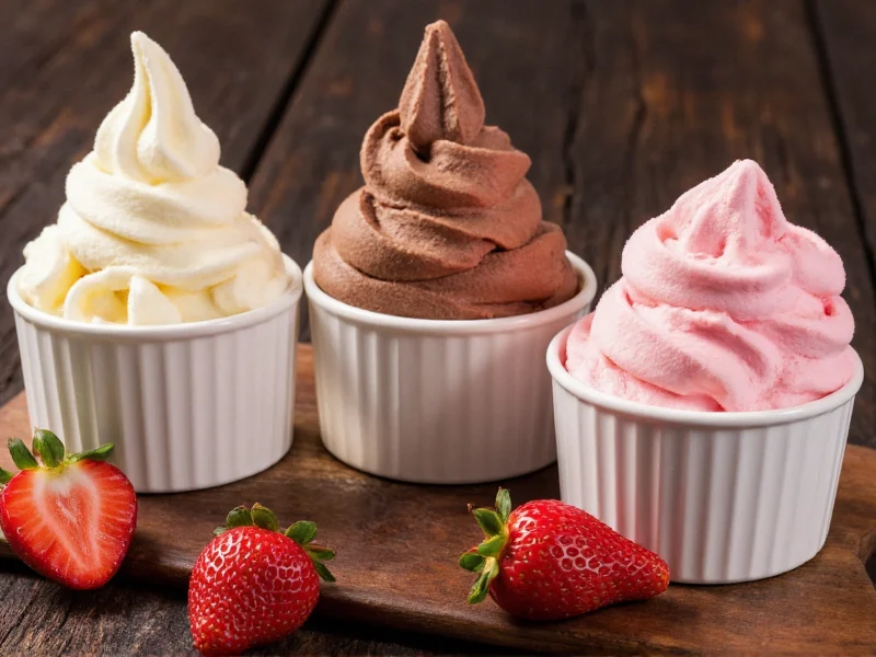 Three ice cream bowls showing vanilla chocolate and strawberry variations