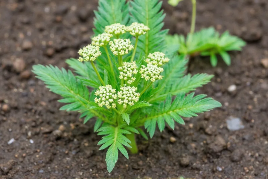 Anise plant growing in garden soil showing feathery leaves and characteristic umbrella-shaped flower clusters