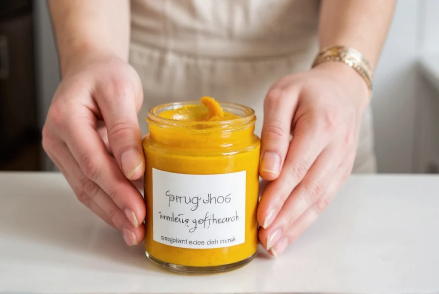 Proper storage of turmeric face mask in small glass jar with label showing preparation date