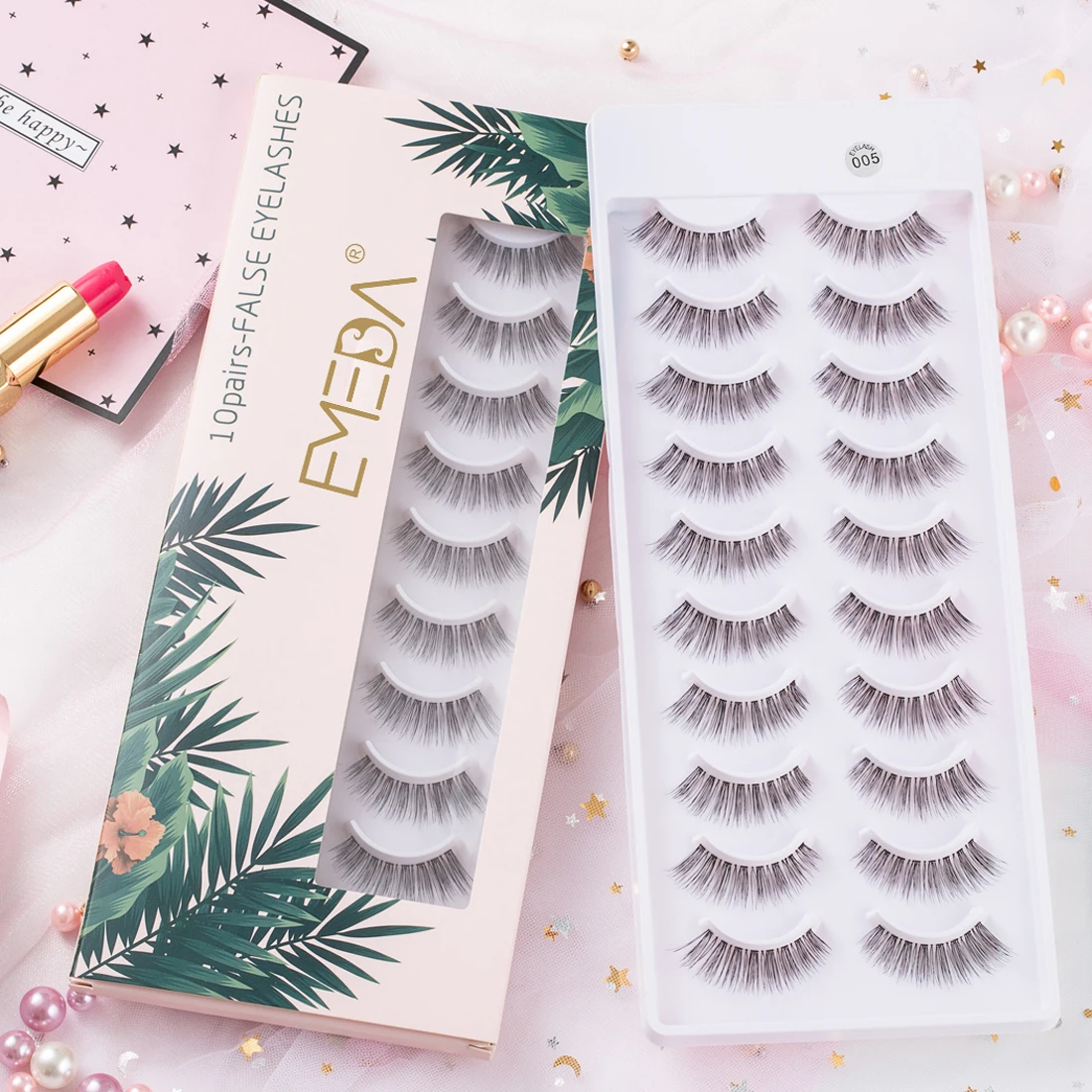 

EMEDA 002 faux mink lashes 5pairs/10pairs custom packaging box with lash glue and applicator In stock, Black