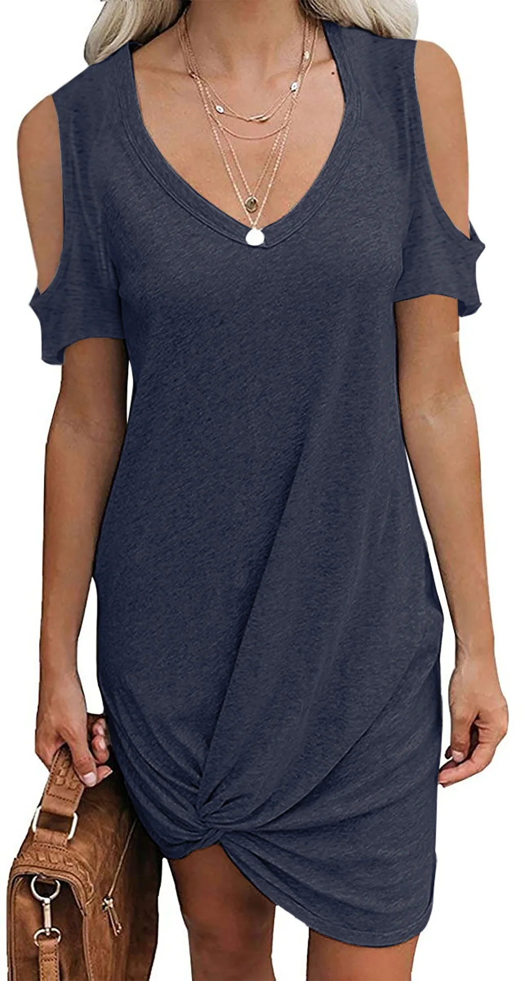 

Summer New Arrivals Casual Dresses Short Sleeve Cut Out Knee-length Knotted Solid Color Off-the-shoulder T-shirt Women's Wear