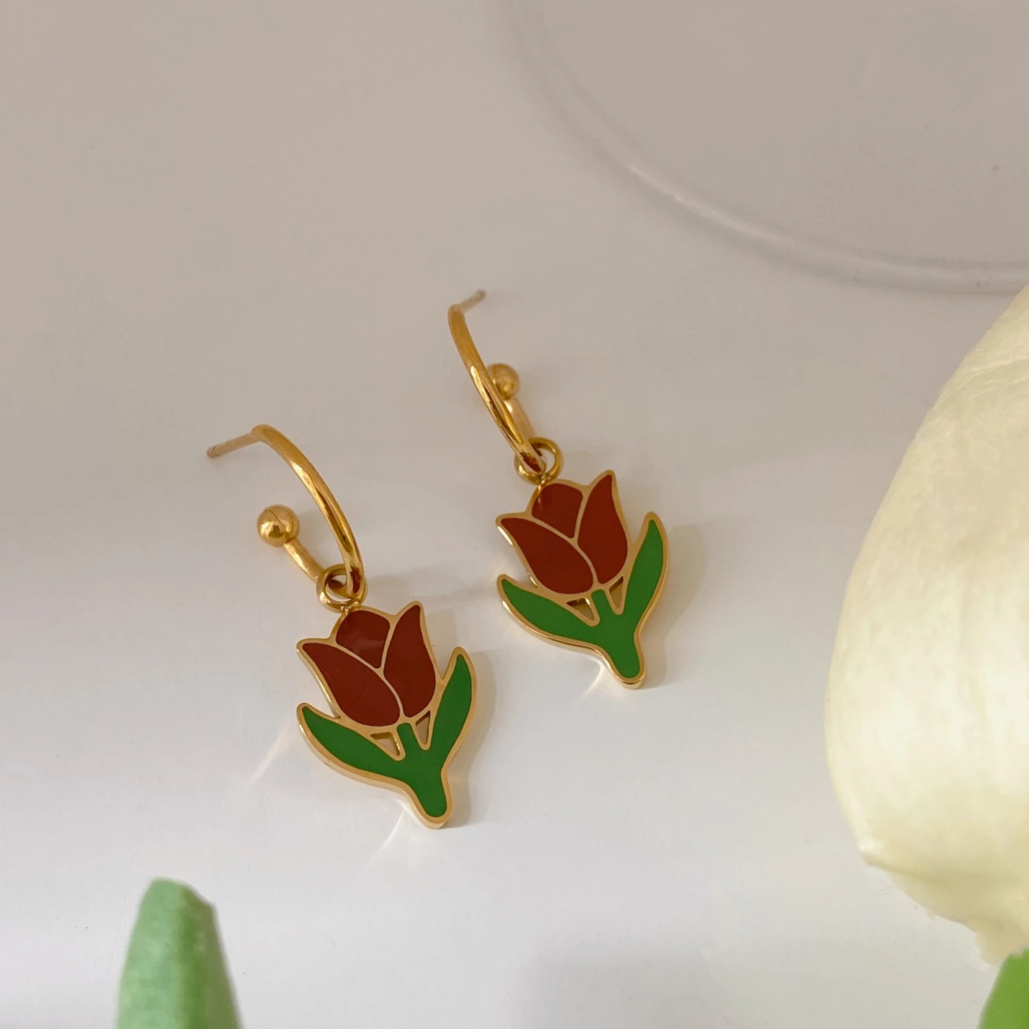 

Detachable Colorful Green Red Enamel Tulip Flower Earrings Small Hoop Earrings for Women French Vintage Stainless Steel Jewelry, Gold