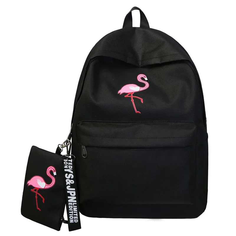 

2Pcs/set Cute Flamingo Printing Simple Preppy Shoulder Bag College Student Schoolbags Youth Teenager Girls Boys School Backpack, Black, white, pink, gray