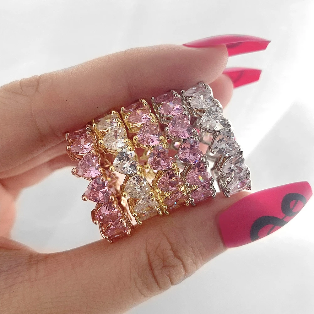 

Popular New Design 5 Colors US Size 5 6 7 8 9 Rose Gold Plated Pink Heart Cubic Zirconia Heart Cz Eternity Band Ring