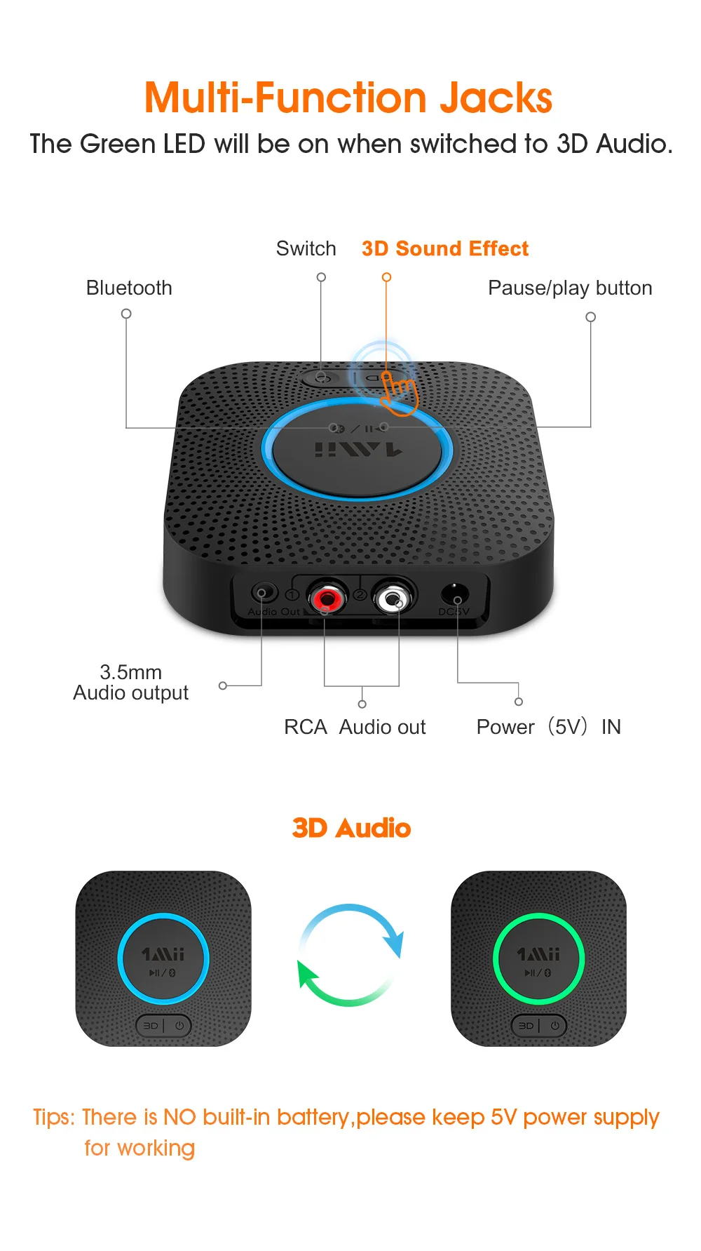 Aux&rca Bluetooth 5.0 Audio Receiver,Wireless Audio Adapter Aptx Music
