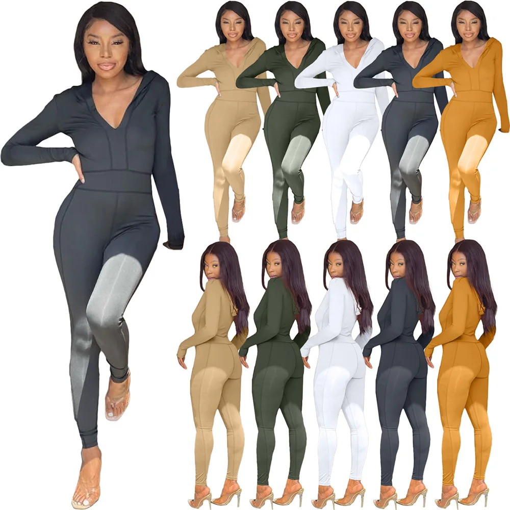 

V collar long sleeves Bodycon Romper Jumpsuit custom Jumpsuits For Women Sexy new fashionable Floral Romper Women, Solid